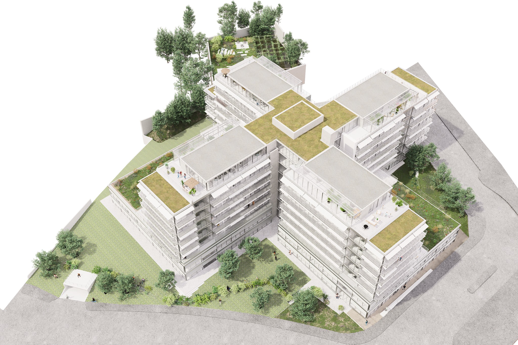 Vue axonométrique — organisation du bâtiment et de ses espaces extérieurs.