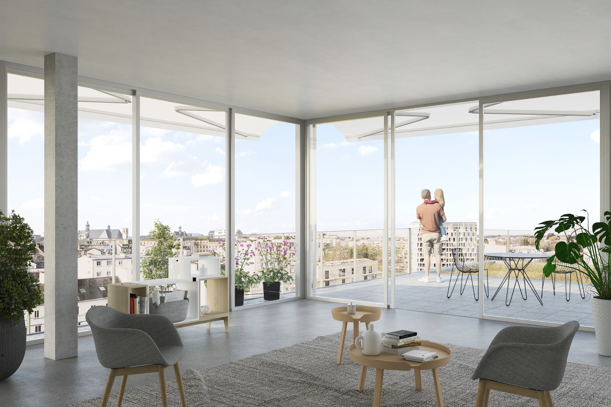 Perspective intérieure — espace de vie et terrasse.